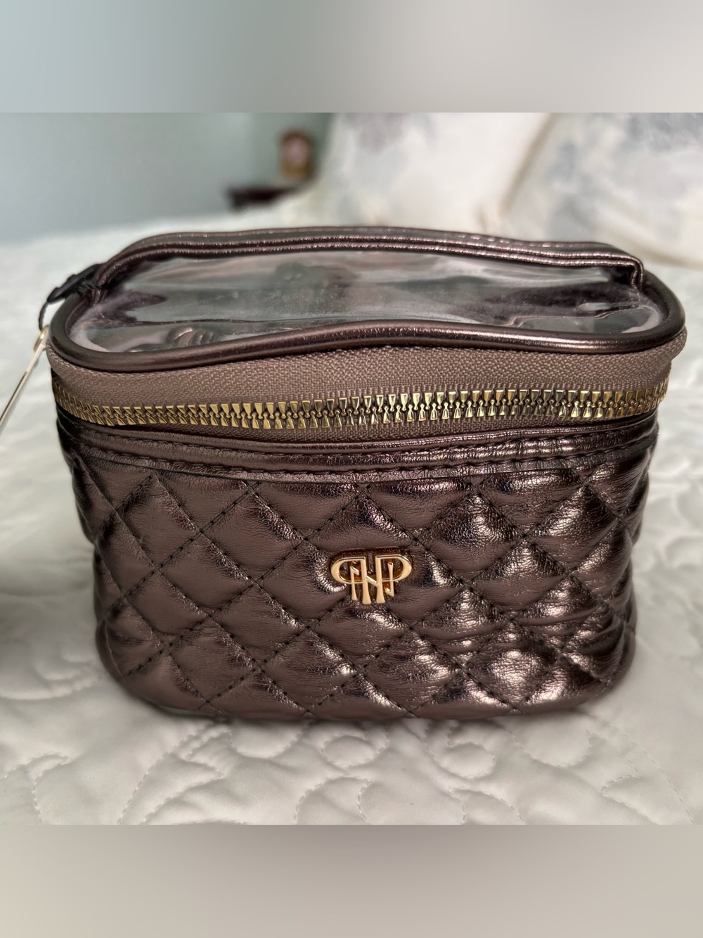 Quilted Metallic Bronze jewelry case with Gold Hardware